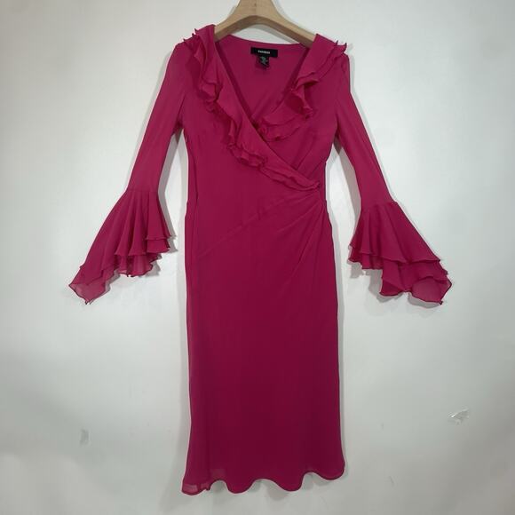 Express Silk Fuchsia Ruffle Wrap Midi Dress Women’s Size 3/4 Long Sleeve Flare 4 - Picture 2 of 10